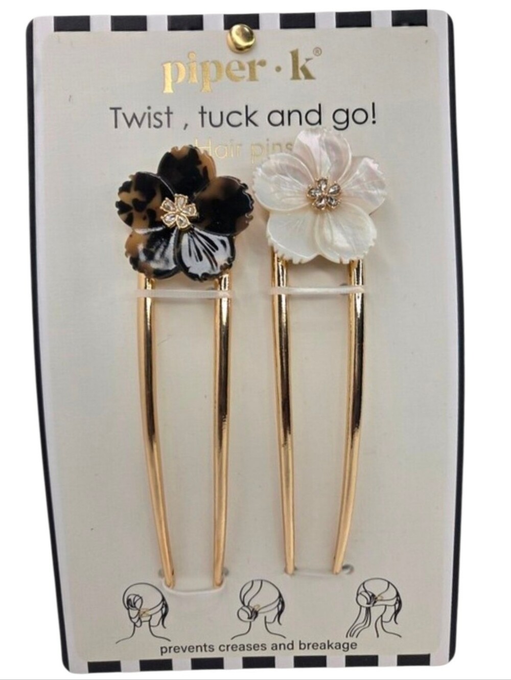 🖤▪️Piper K▪️  Gold Floral Twist Hair Pins — Black & White Flowers